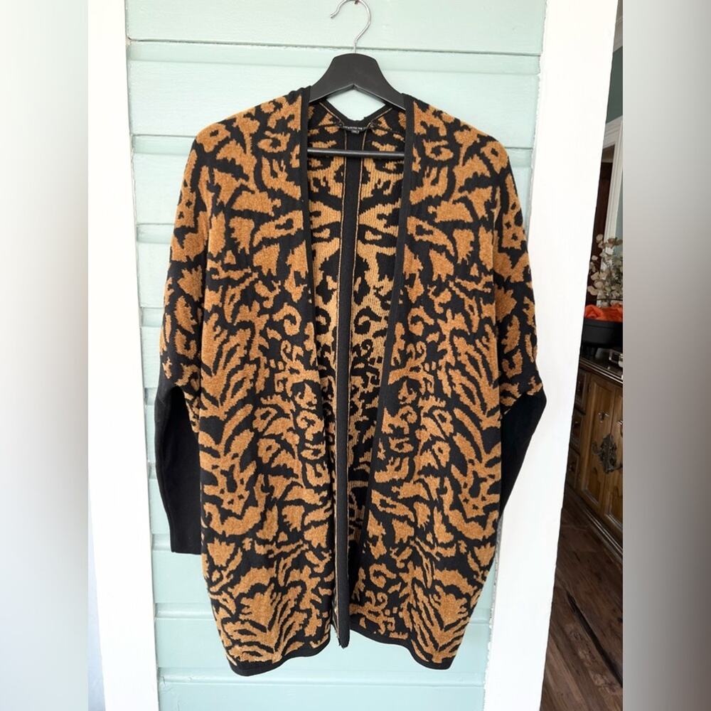 Lafayette 148 animal print wool blend chenille cardigan black tan luxe fall warm